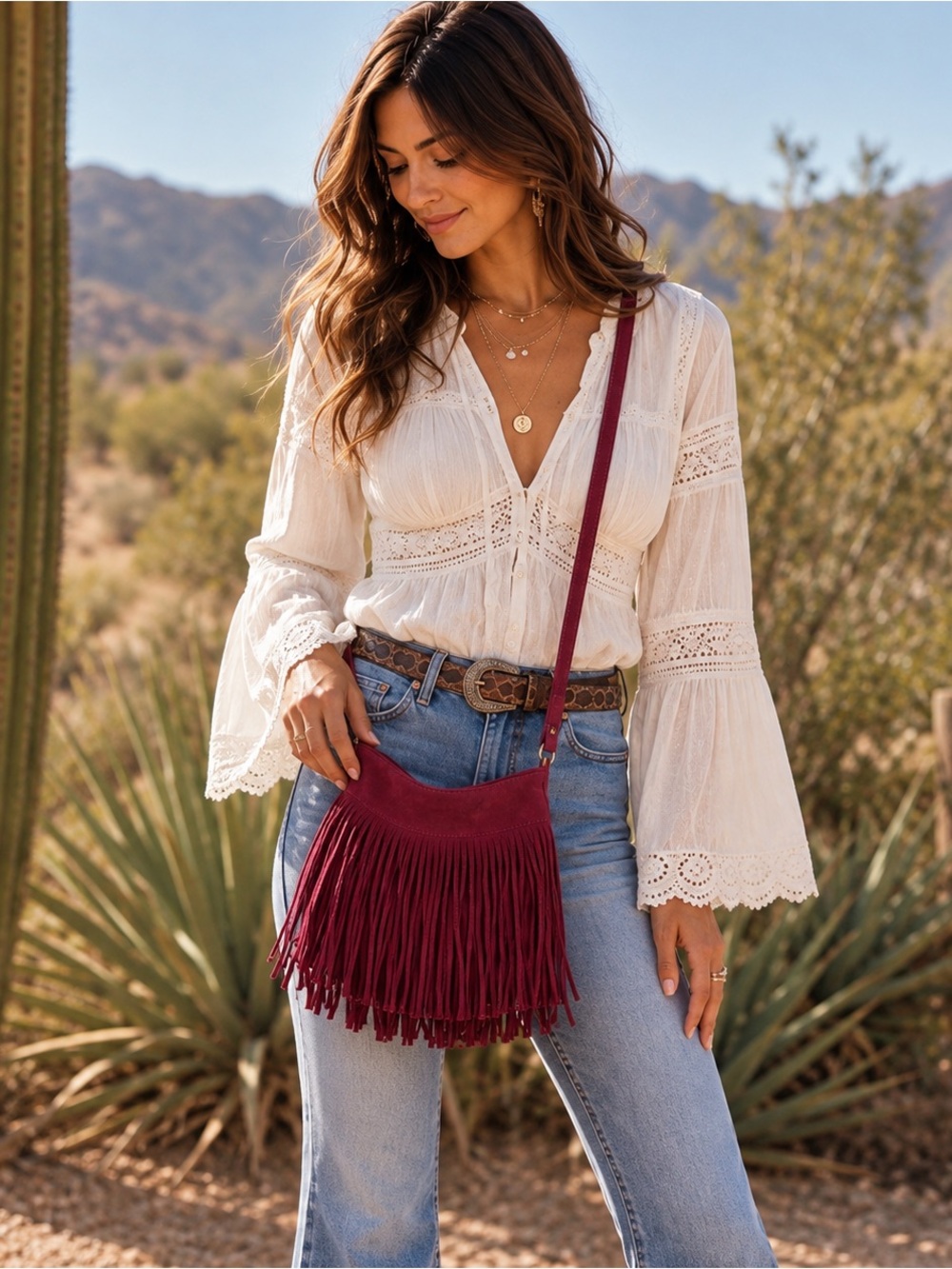 Boutique Wine Burgundy Fringe Crossbody Bag Western Boho Festival Mini Purse Nwt